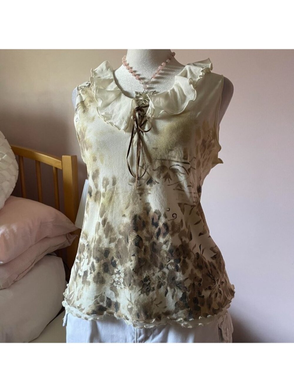 Y2K vintage cream & brown blouse with ruffles and tie detail